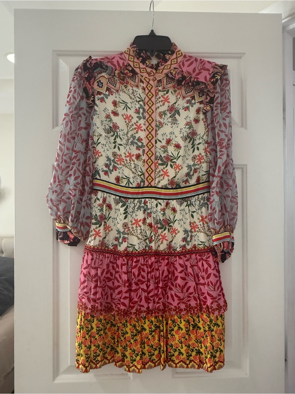 Floral Patchwork Ruffle Neck Women's Dress in Pink and Yellow